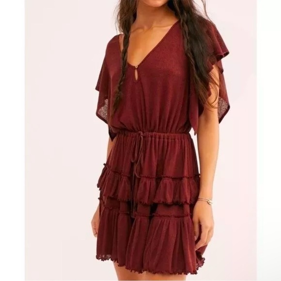 Free People Beach Womens Harper Tiered Mini Dress Burgundy Ruffled size XS - Picture 1 of 12